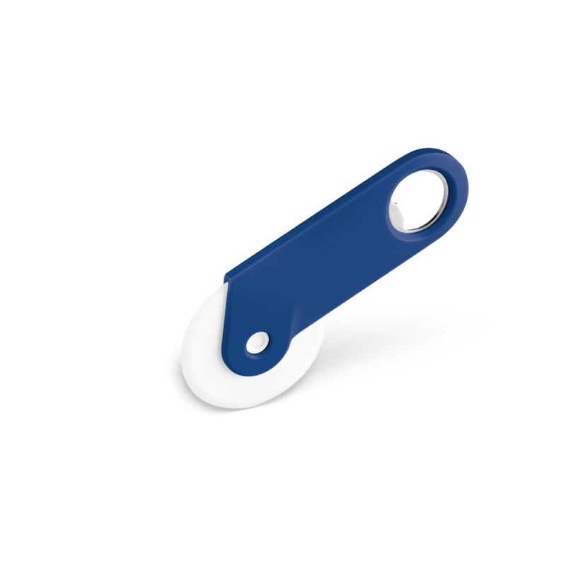 Blue and white pizza cutter with hole handle.