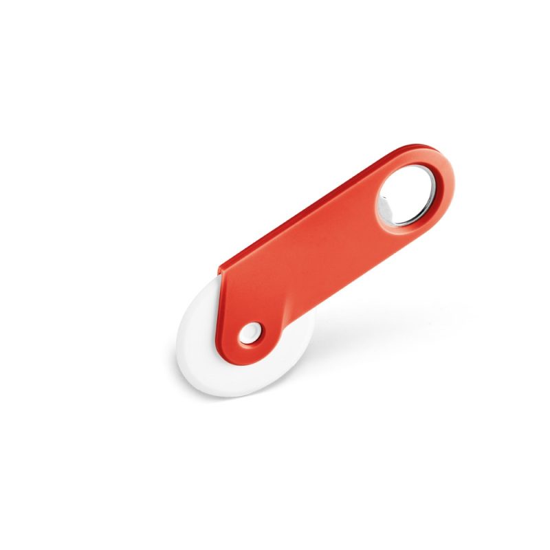 Red and white pizza cutter on white background.
