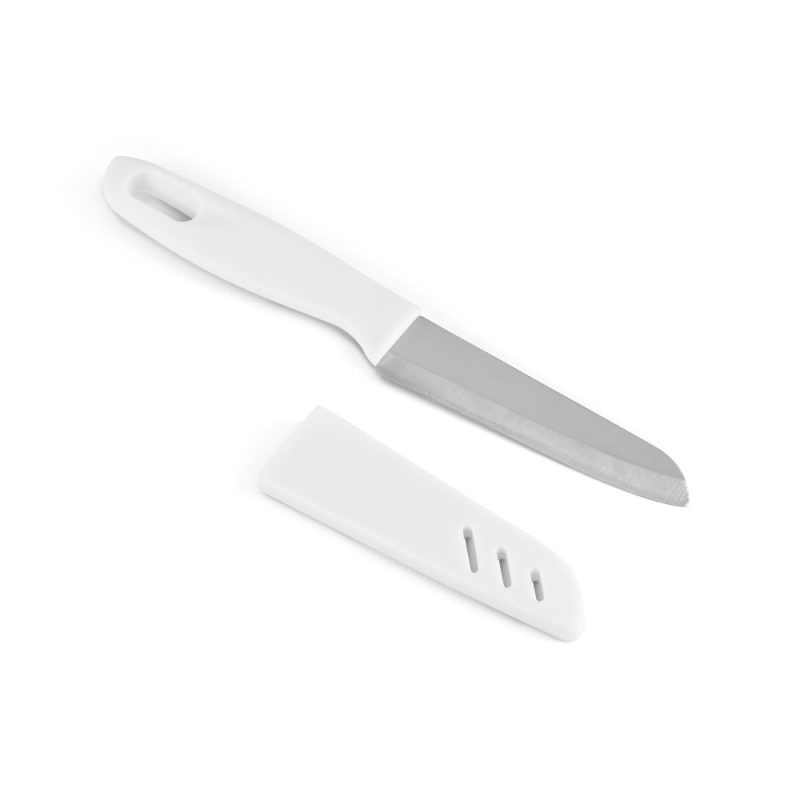 White knife with blade cover.