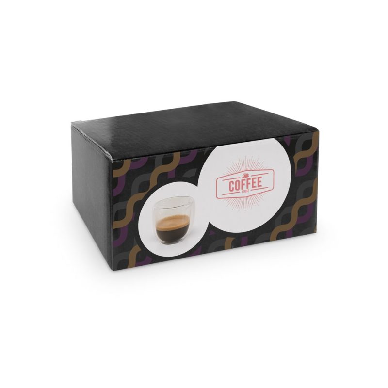 Black coffee packaging box with decorative design.
