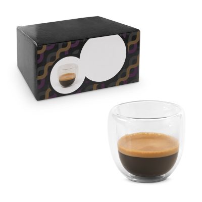 Double-walled glass espresso cup and packaging