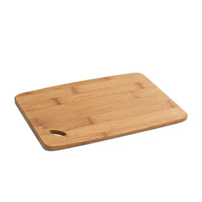 Rectangular bamboo chopping board with handle hole.