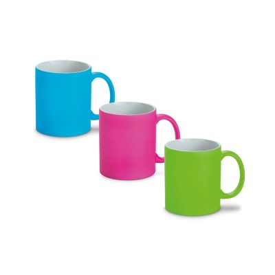 Three colourful mugs: blue, pink, green.