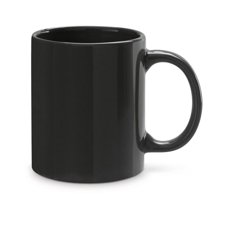 Plain black ceramic mug on white background.