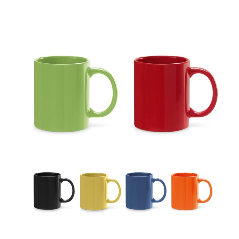 Colourful ceramic mugs in six different colours.