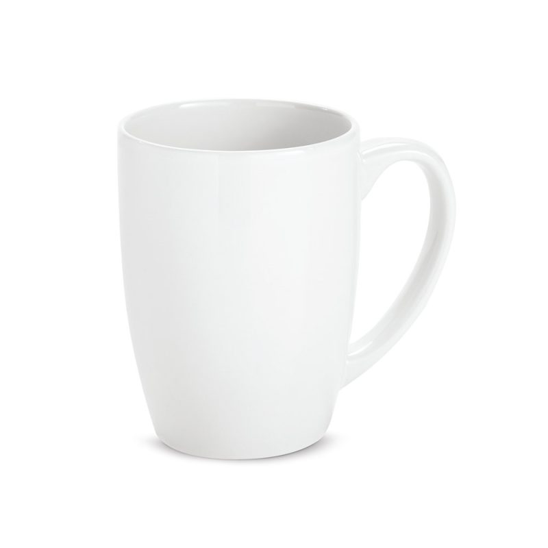 Plain white ceramic mug on white background.