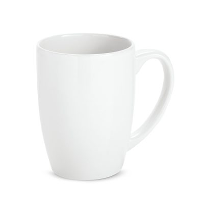 Plain white ceramic mug on white background.