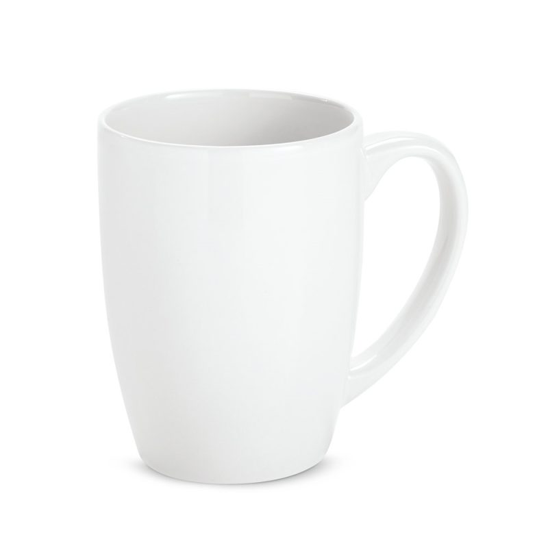 Plain white ceramic mug on white background.
