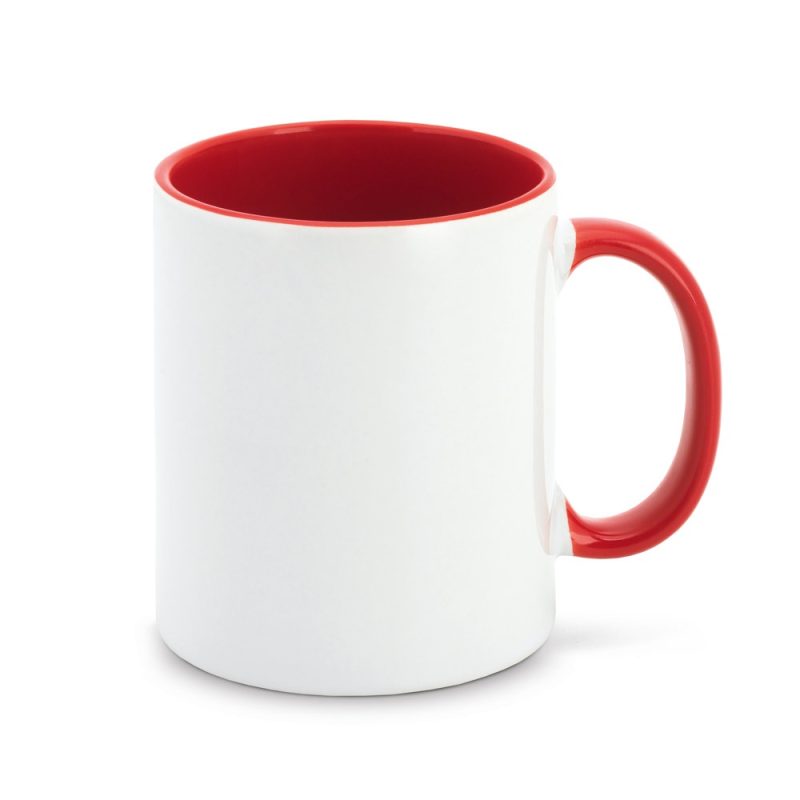 White mug with red interior and handle.