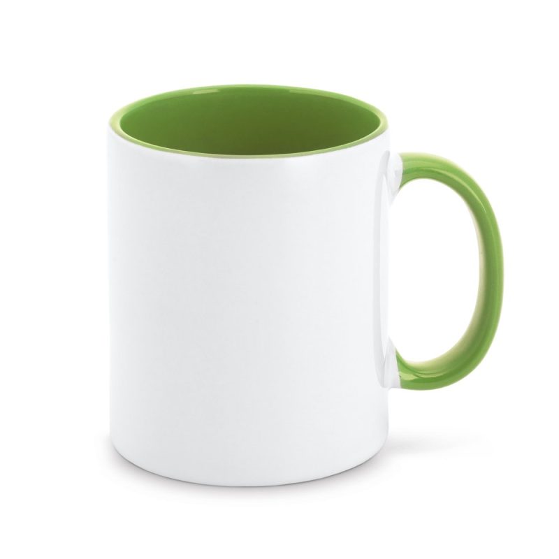 White mug with green interior and handle