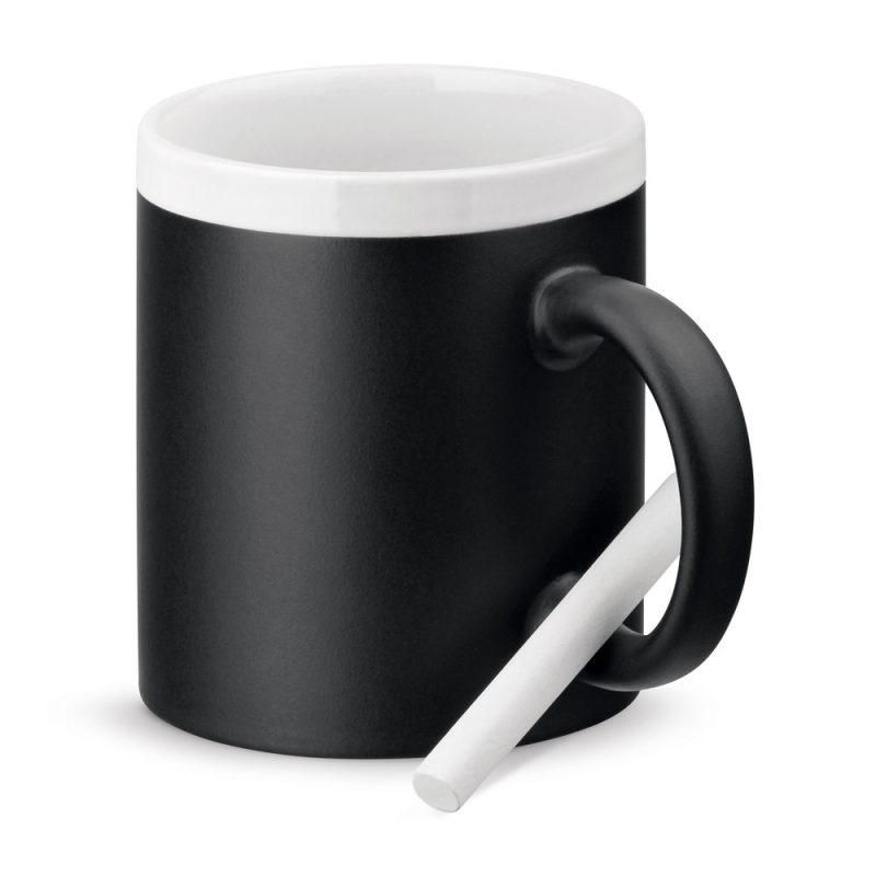 Blackboard mug with chalk for writing.