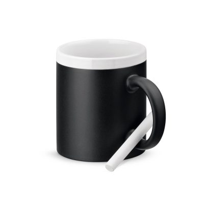 Black chalkboard mug with white chalk.