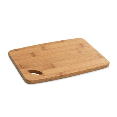 Wooden chopping board with handle slot.