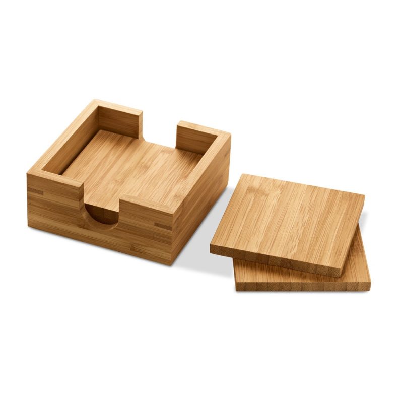 Bamboo coasters with holder on white background.