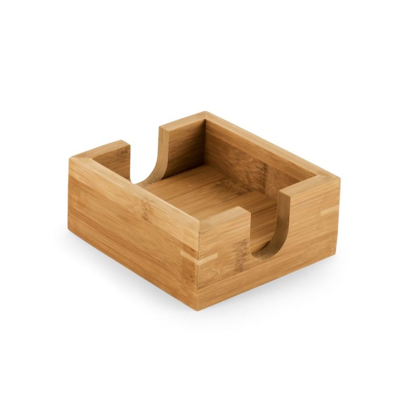 Wooden coaster holder with open sides.