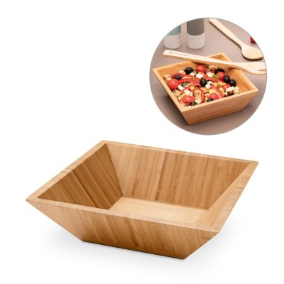 Square bamboo bowl set with salad.