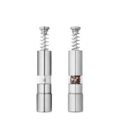 Stainless steel salt and pepper grinders.