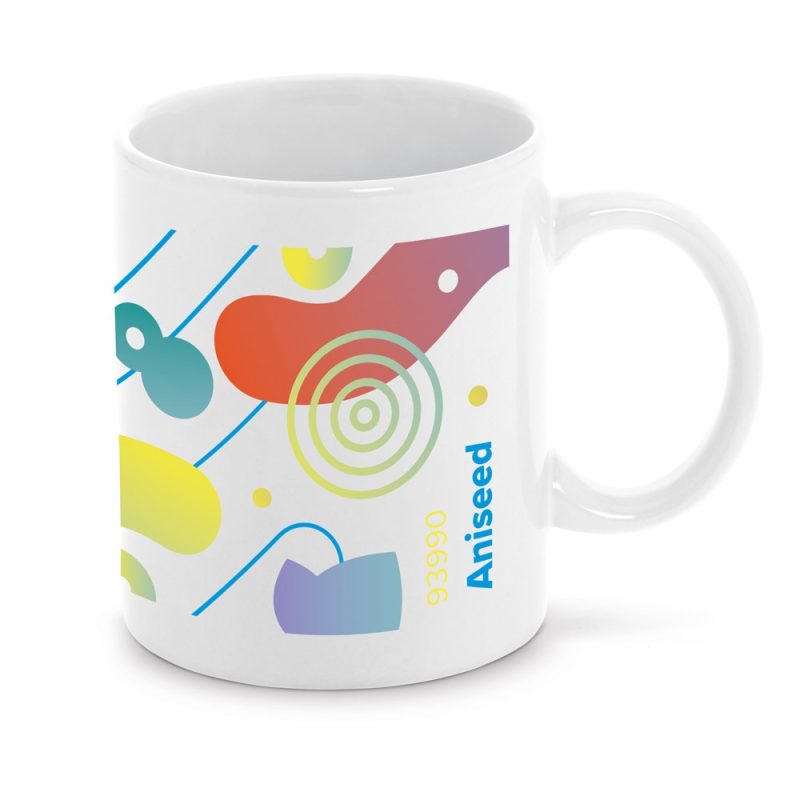 Colourful abstract design on white mug.