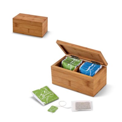Wooden tea box with assorted tea bags.
