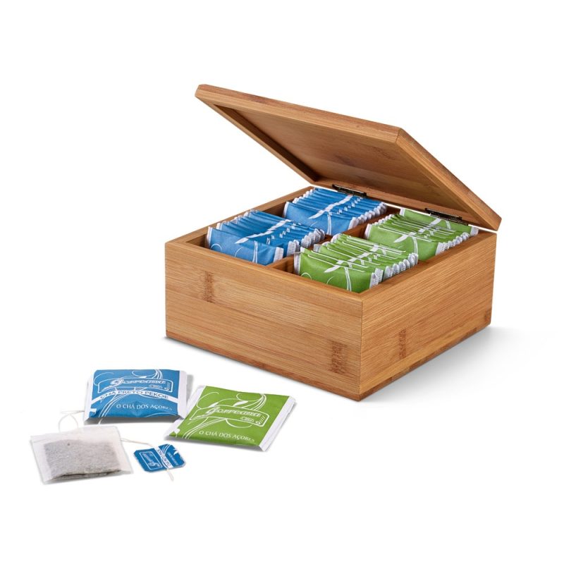 Wooden box of assorted tea bags.