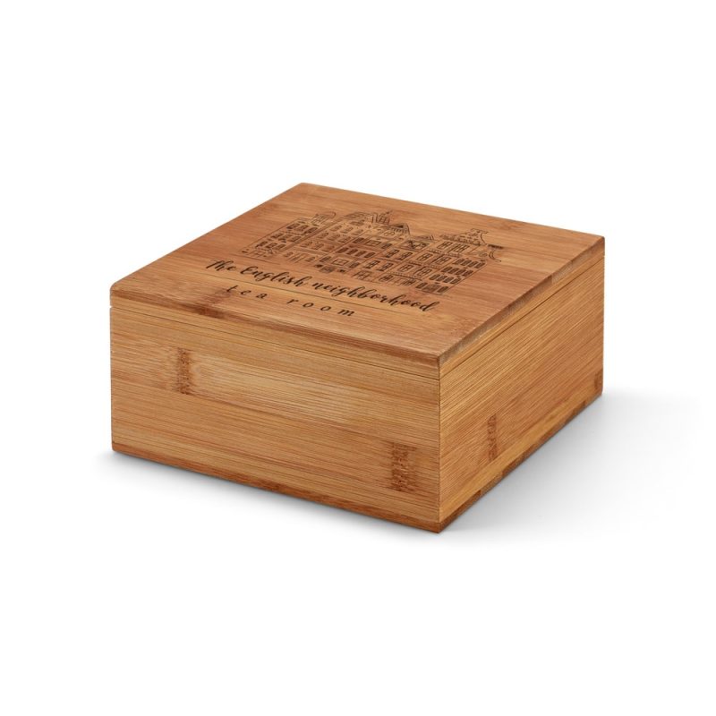 Wooden box with engraved design, tea room theme.