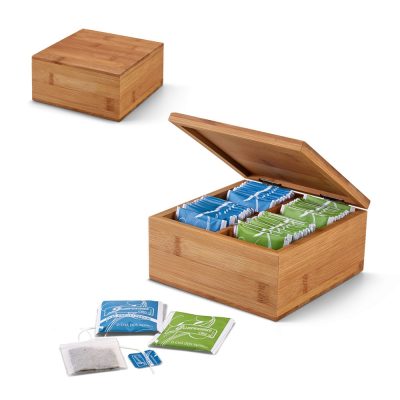 Wooden box with assorted tea bags displayed.