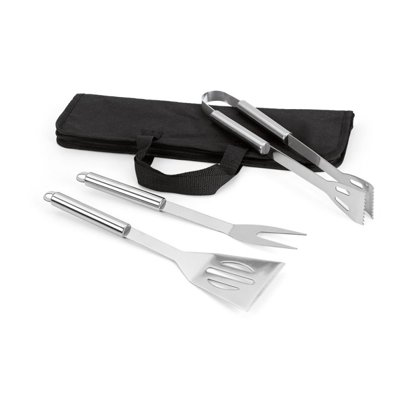 BBQ tools set with bag, including tongs, fork, spatula.