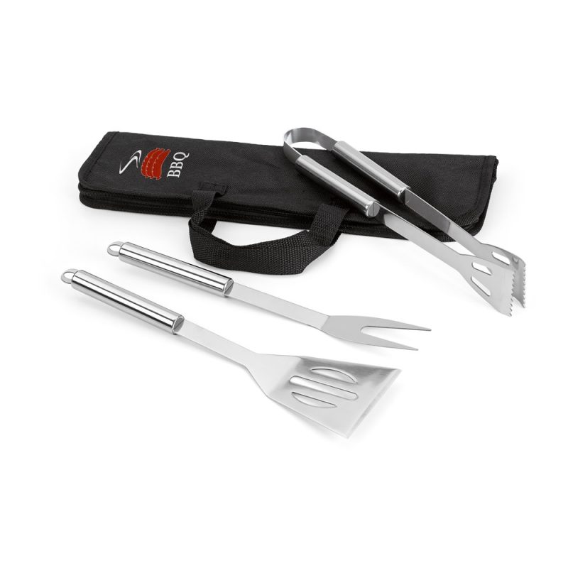 Barbecue tool set with storage bag, stainless steel.