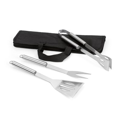 Stainless steel barbecue tool set with black case.