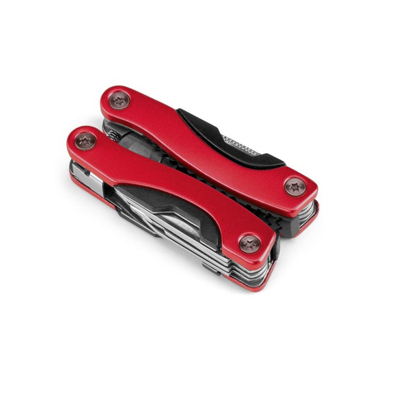 Red multi-tool with various foldable implements.