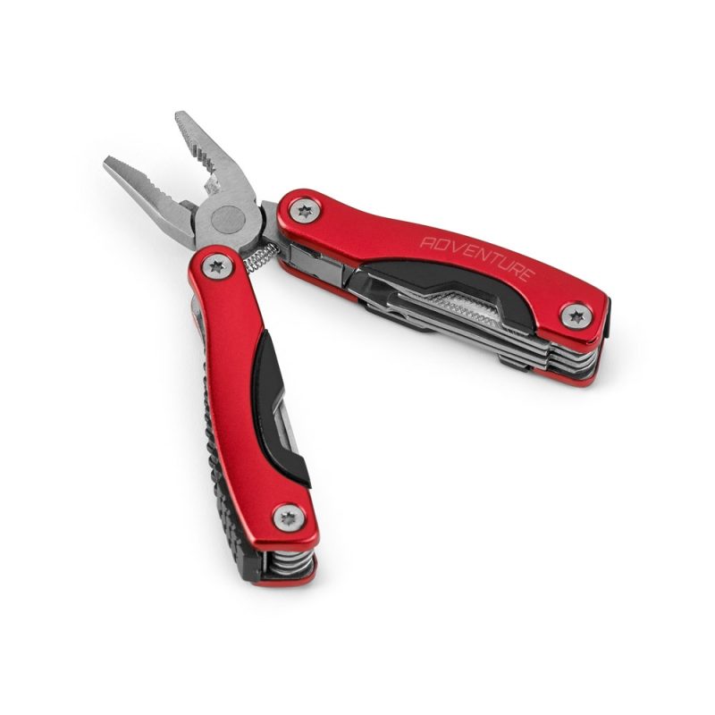 Red multi-tool with pliers and various tools.