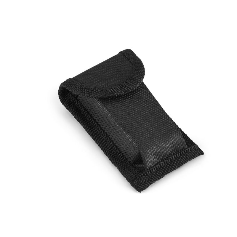 Black fabric protective pouch with flap closure.