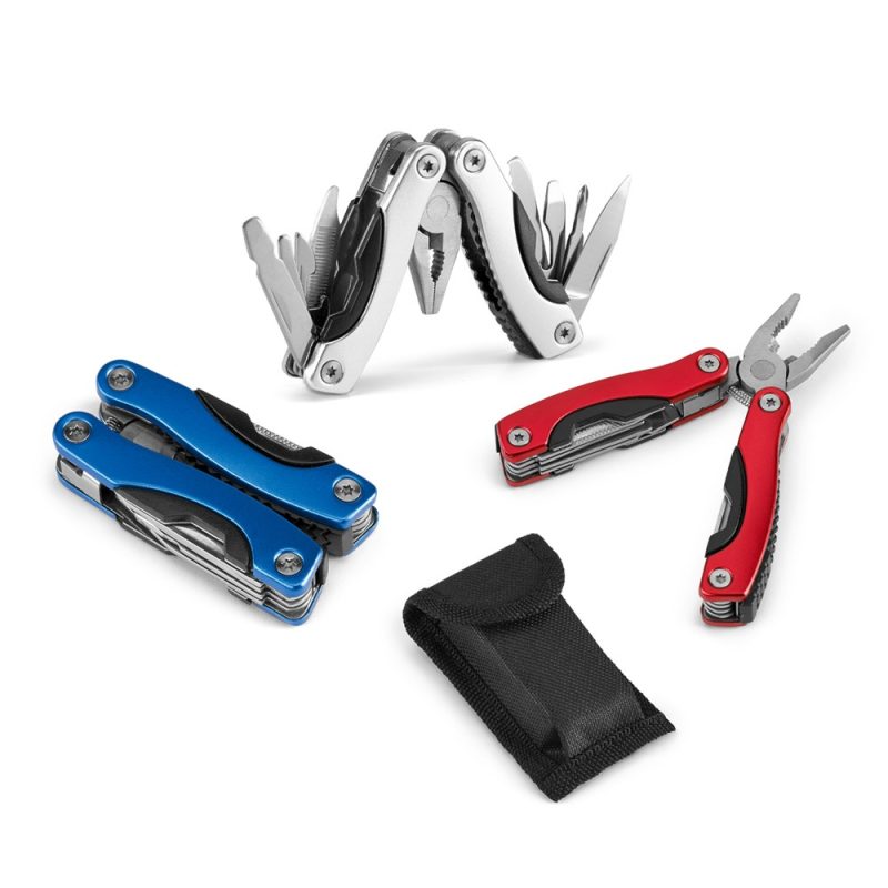 Set of colourful multi-tools and pouch.