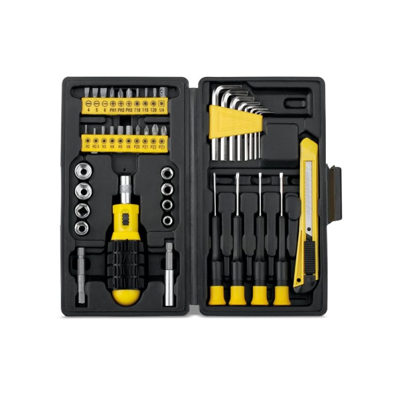 Comprehensive tool set with screwdrivers and wrenches.