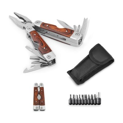 Multitool with pliers, case, and interchangeable bits.