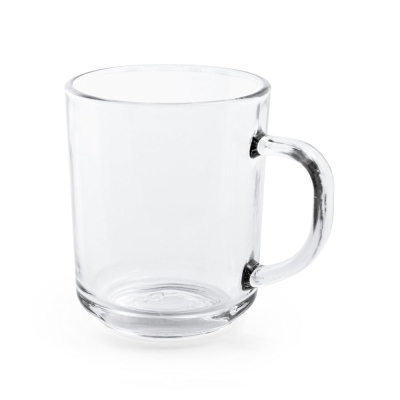 Clear glass mug with handle on white background.