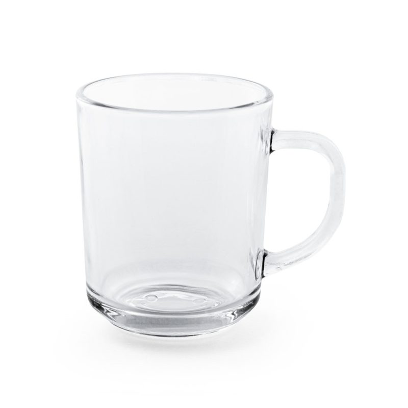 Clear glass mug with handle on white background.