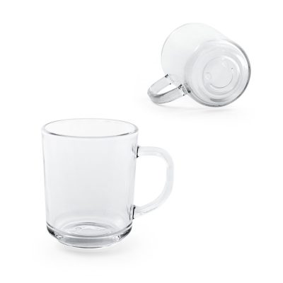 Two clear glass mugs with smiley face bottoms.
