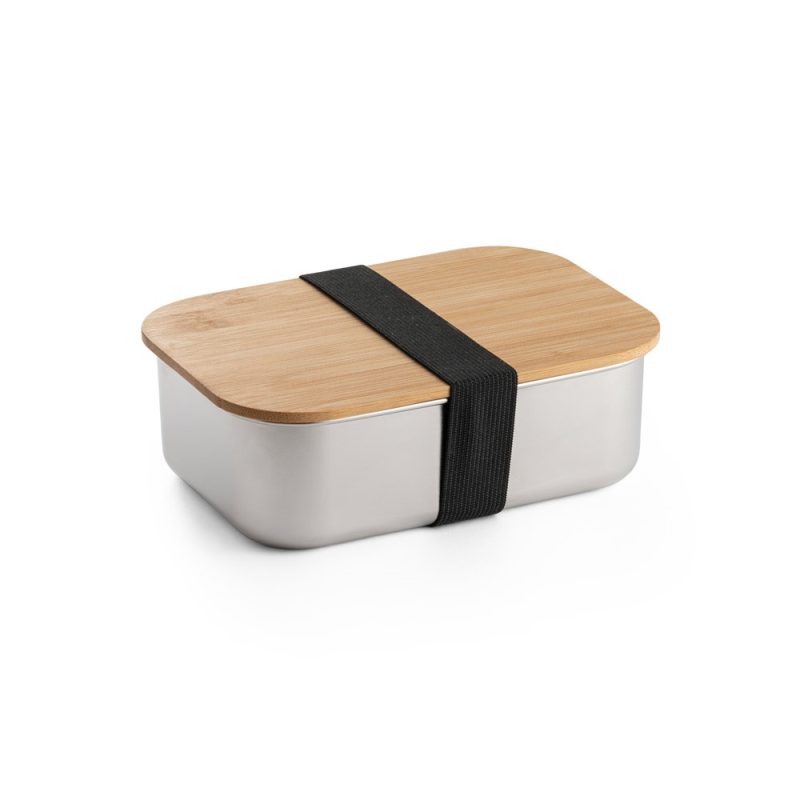 Eco-friendly lunchbox with bamboo lid and strap.