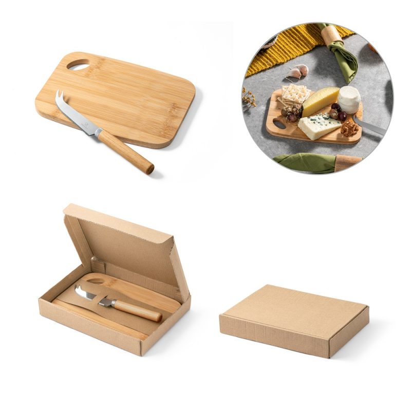 Bamboo cheese board set with knife in box.