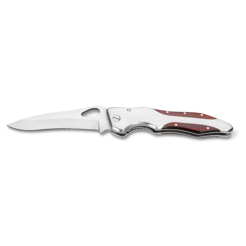 Foldable pocket knife with wooden handle.