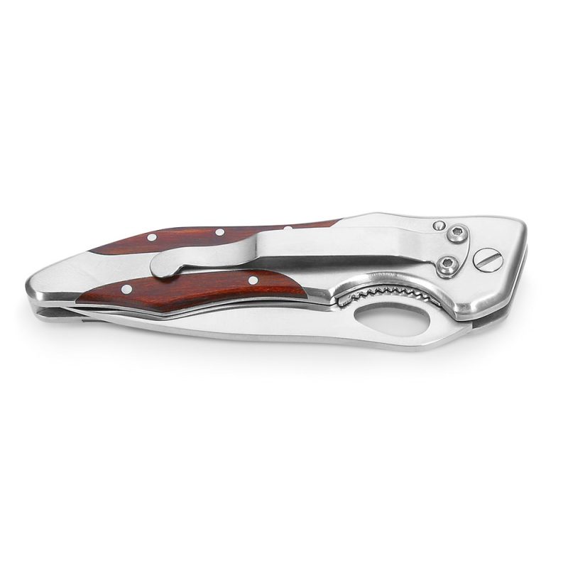 Folded pocket knife with wooden handle.