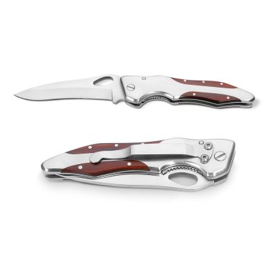Stainless steel folding knife with wooden accents.