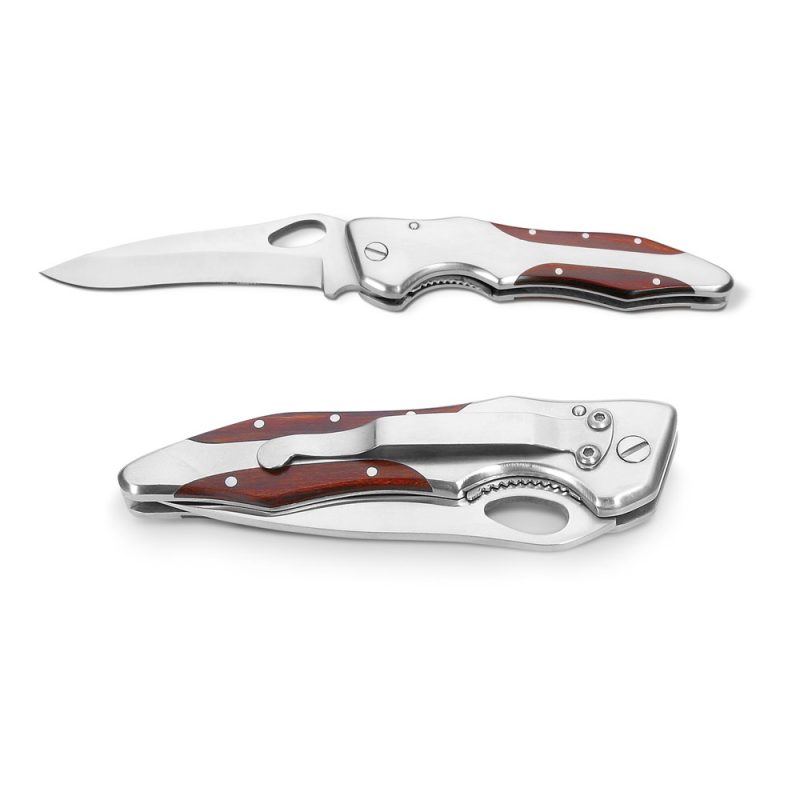 Stainless steel folding knife with wooden accents.