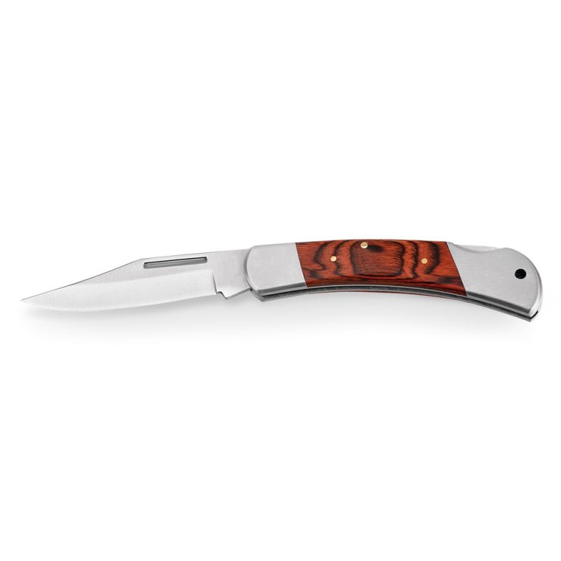 Stainless steel folding knife with wooden handle