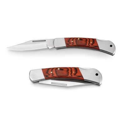 Folding pocket knife with wooden handle open and closed