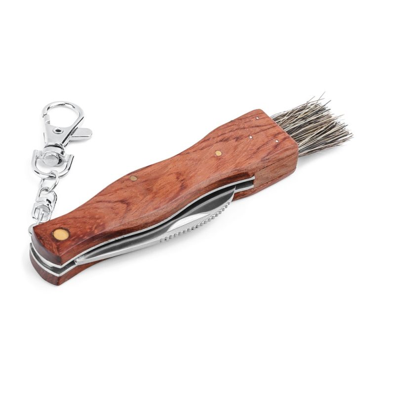 Wooden pocket knife with wire brush keychain.