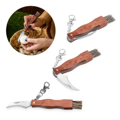 Wooden mushroom knife with brush and keychain.
