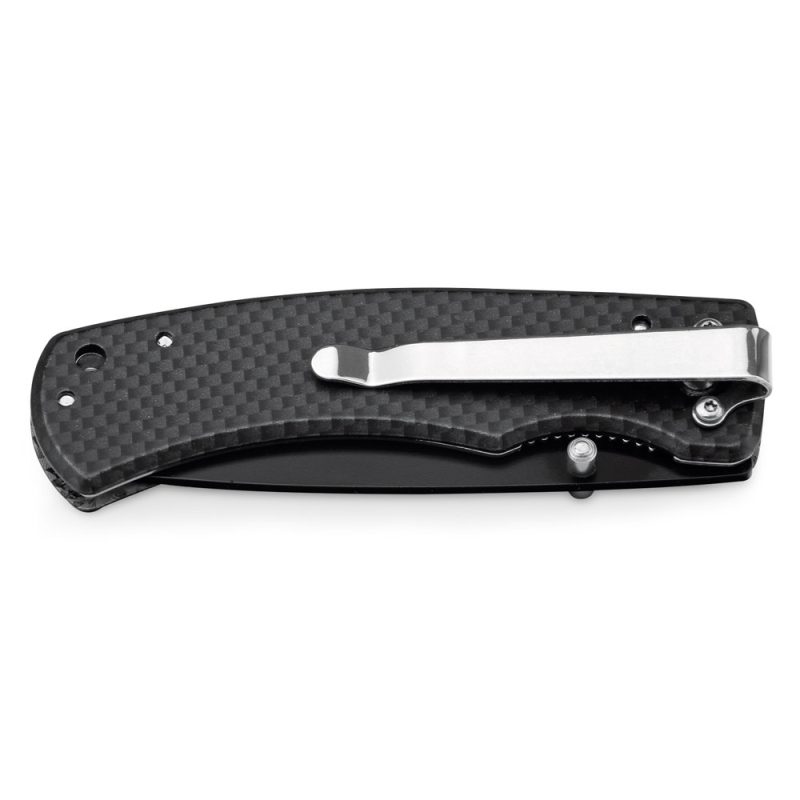Carbon fibre folding pocket knife with metal clip.