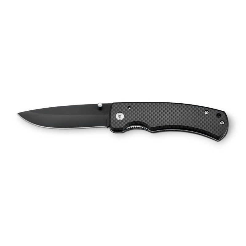 Black folding knife with carbon handle.